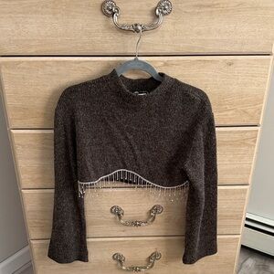 Chic Gray Sweater with Beaded Fringe